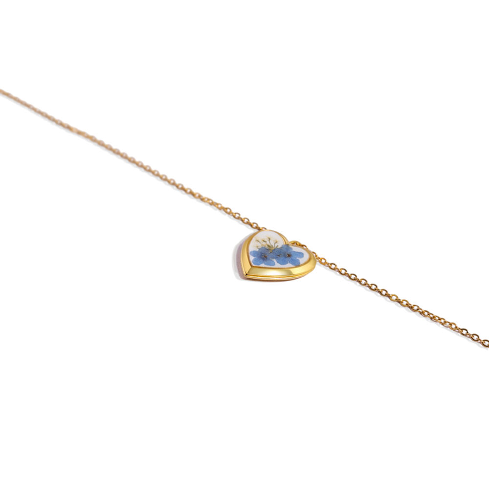 Handmade Pressed Flower Photo Heart Locket - Gold / Blue Forget-Me-Not