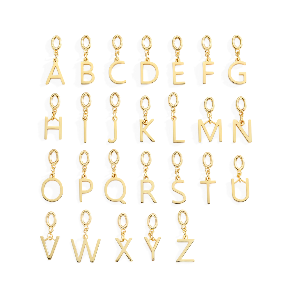 Gold letter earrings from A to Z on a white background