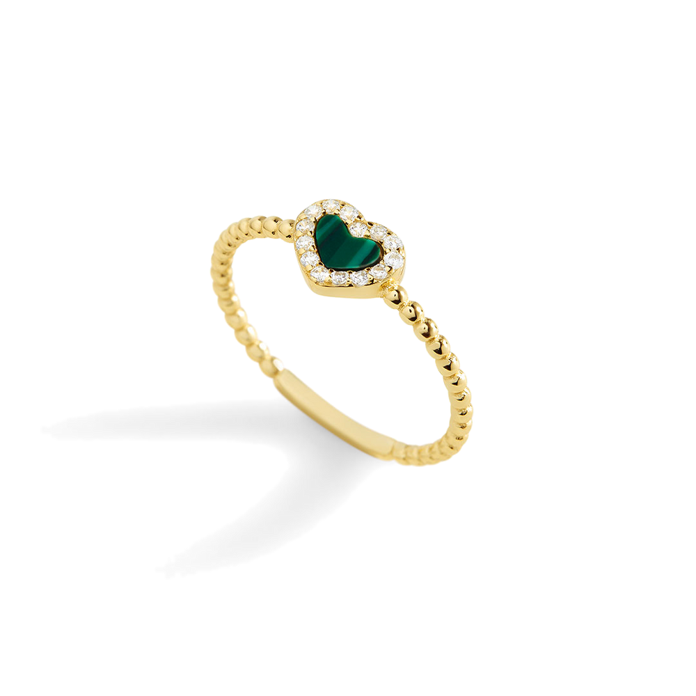 Tiny Gemstone Heart Stacking Ring - Malachite / 5