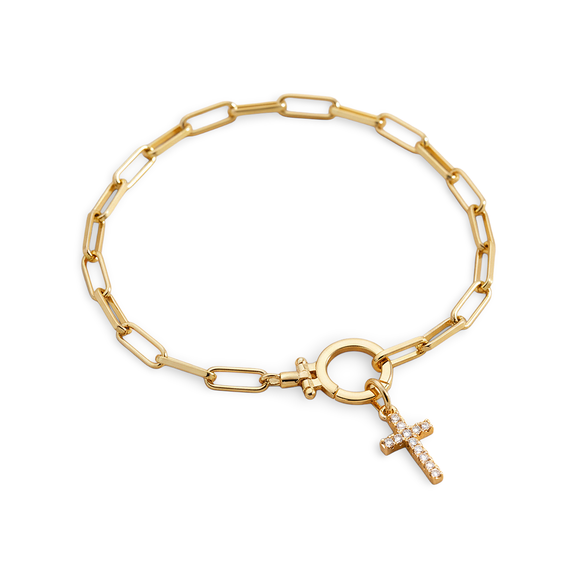 Gold chain bracelet with a cross charm on a light gray background