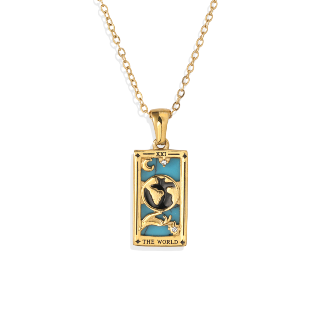 Tarot Card Necklace - The World / Gold