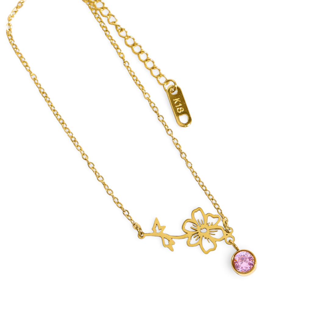 Dainty Birth Flower Bracelet with Birthstone Charm