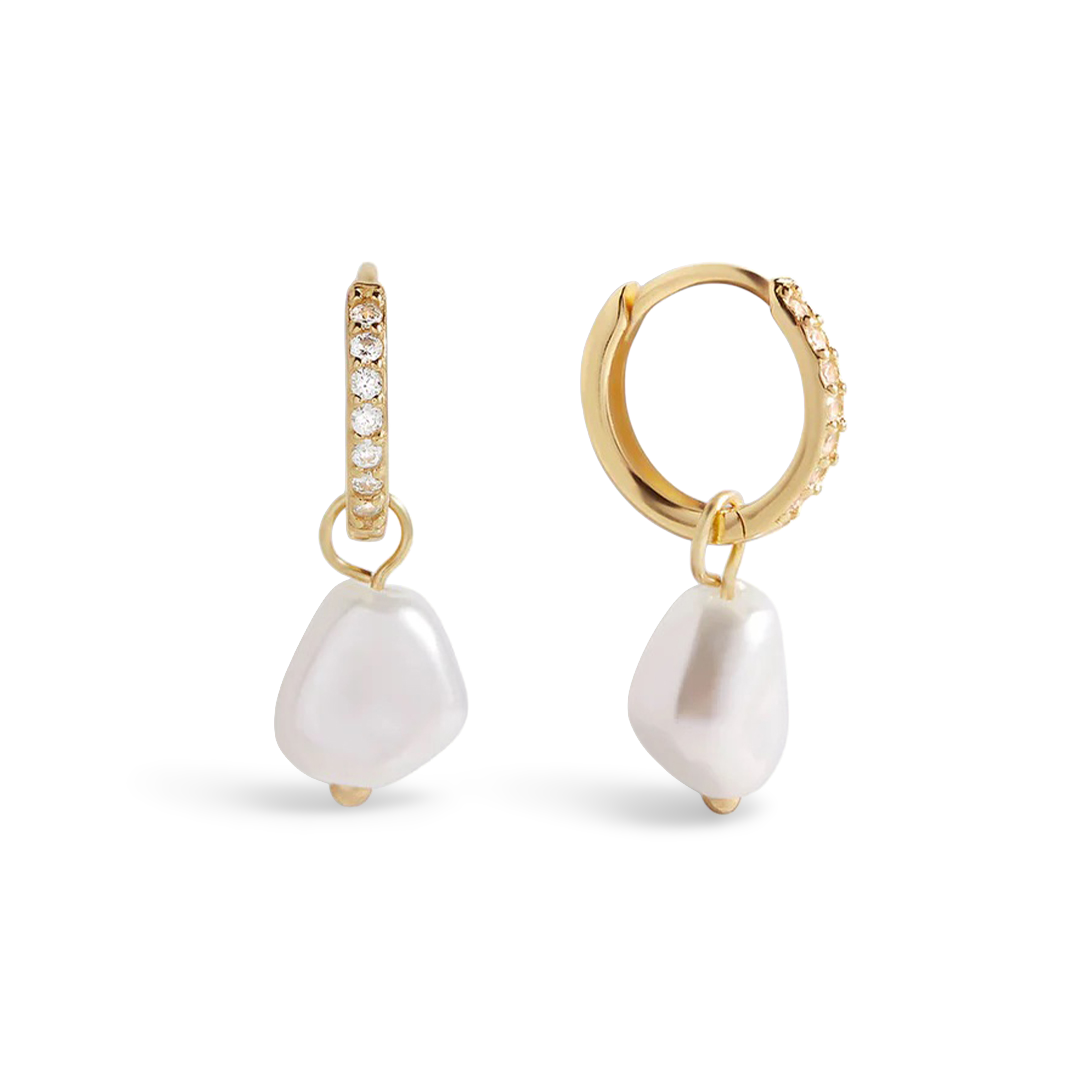 Freshwater Pearl Drop Pave Huggie Earrings