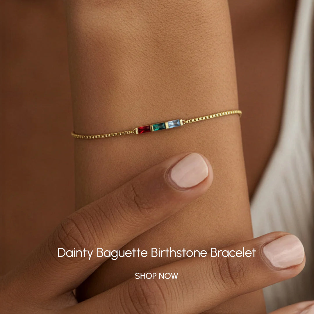 Dainty baguette birthstone bracelet in gold vermeil — Mint & Lily