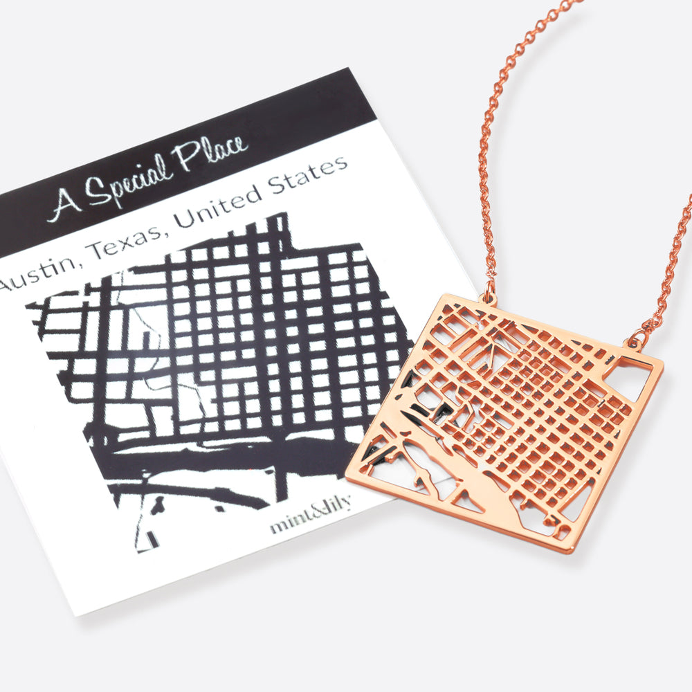 Custom Map Pendant Necklace - 18k Rose Gold over Sterling Silver / Square