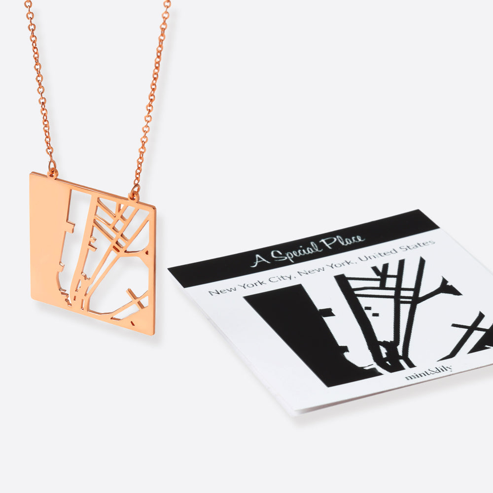 Custom Map Pendant Necklace - 18k Rose Gold over Sterling Silver / Square