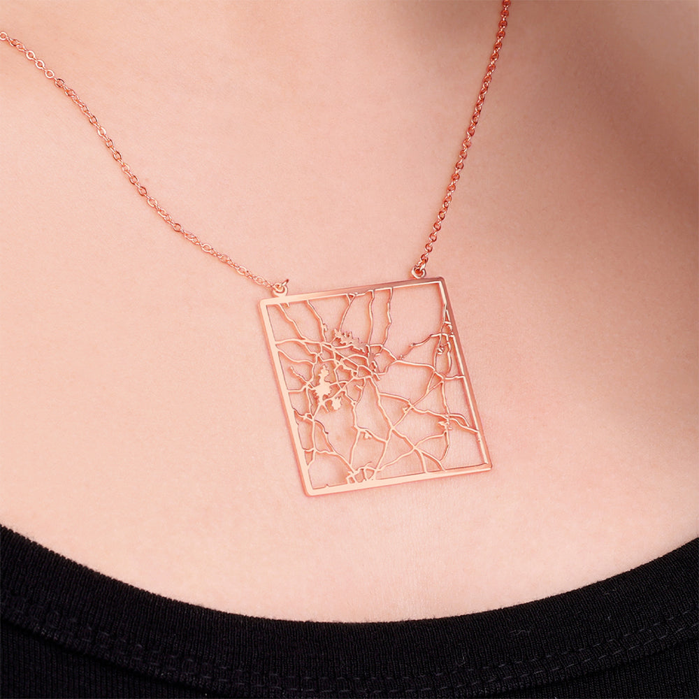 Custom Map Pendant Necklace - 18k Rose Gold over Sterling Silver / Square