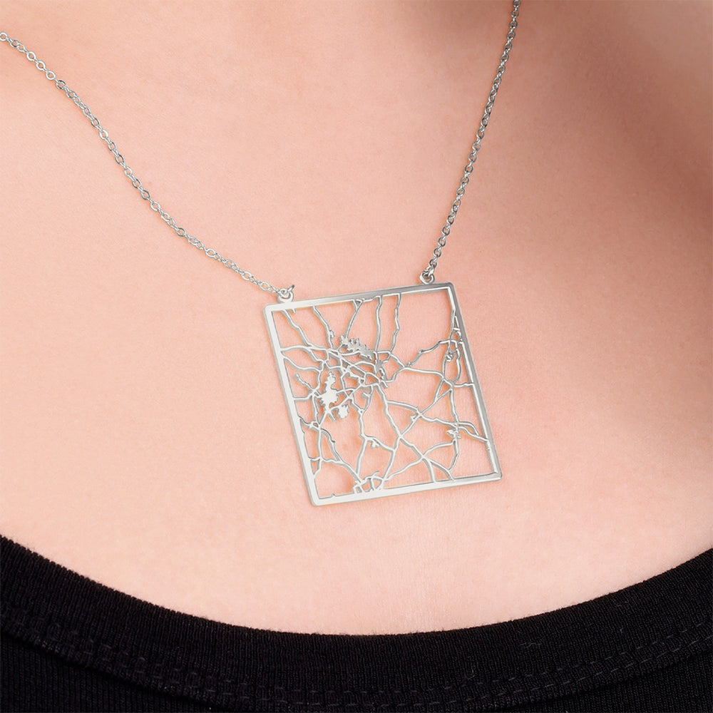 Custom Map Pendant Necklace - Silver / Square
