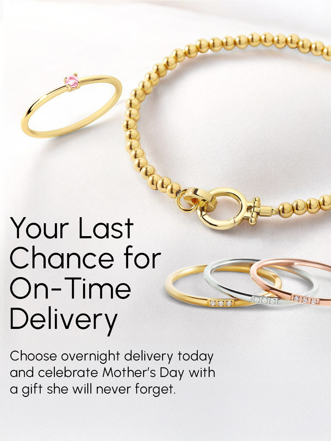 Gold bracelets and rings on a light background with promotional text.