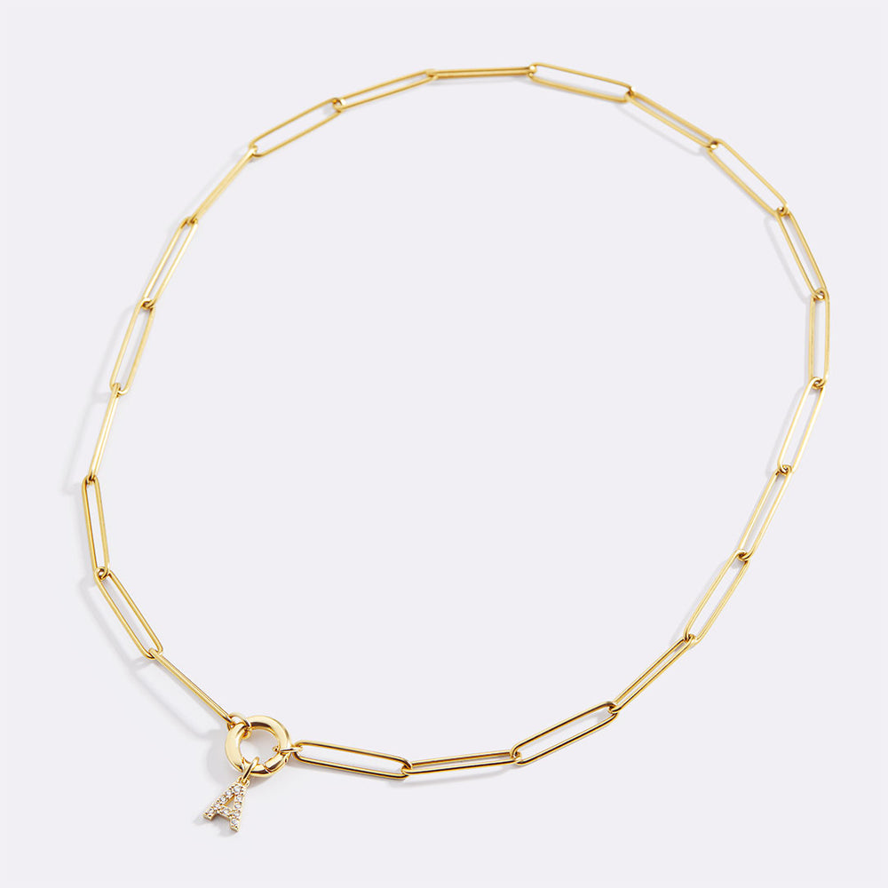 Pave Initial Charm with Charm Clasp Necklace - 18k Gold Plated / A
