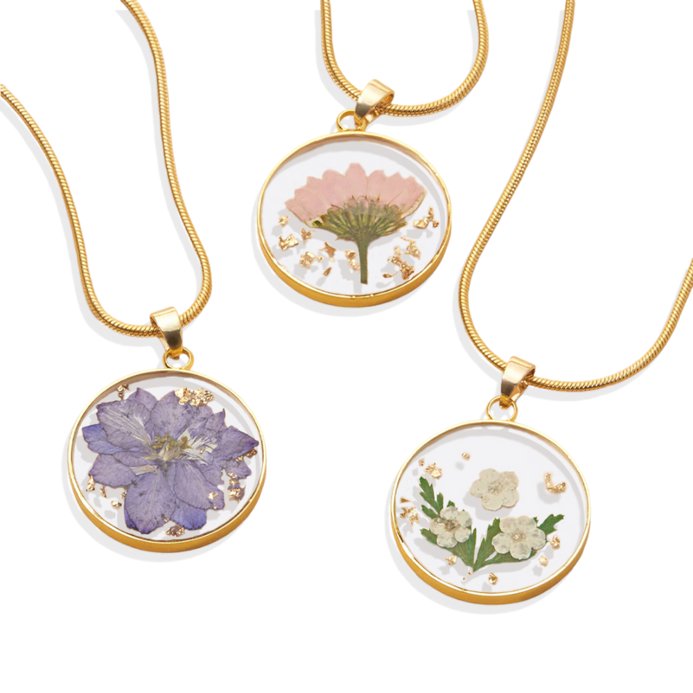 Collar de flor de nacimiento prensada - Plata / Febrero / 1.2"