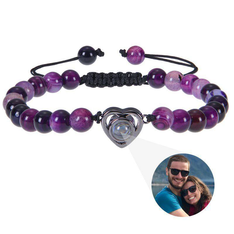 Beaded Heart Photo Bracelet - Amethyst / Black