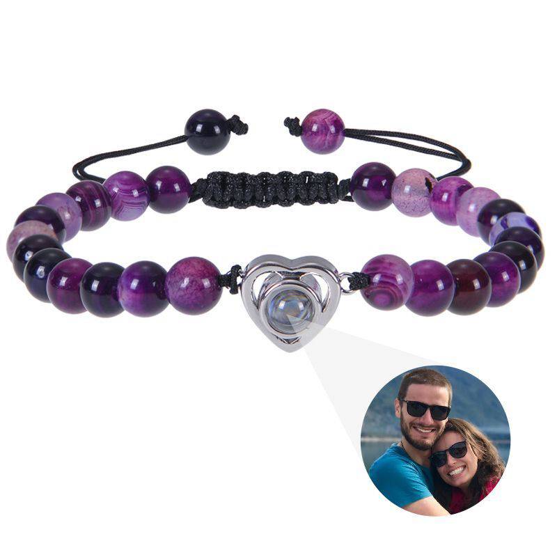 Beaded Heart Photo Bracelet - Amethyst / Silver