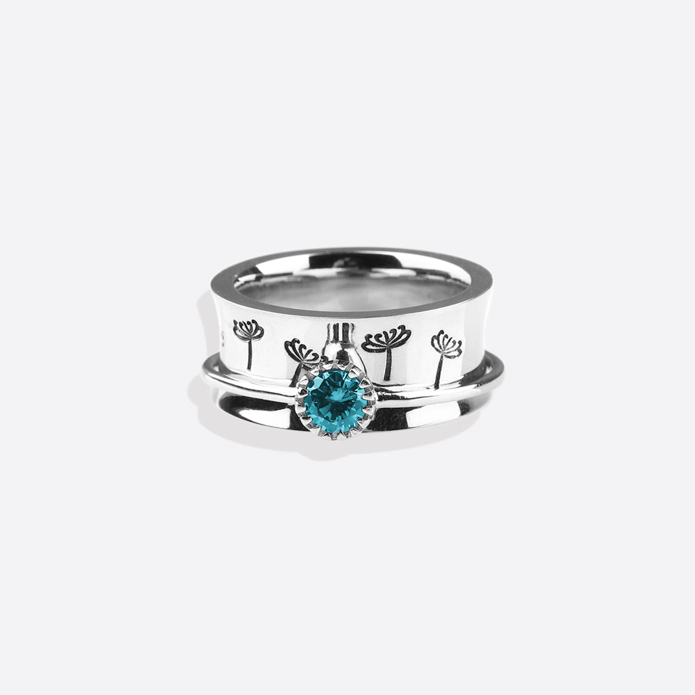Silver Dandelion Birthstone Spinning Fidget Ring - 5 / March - Aquamarine