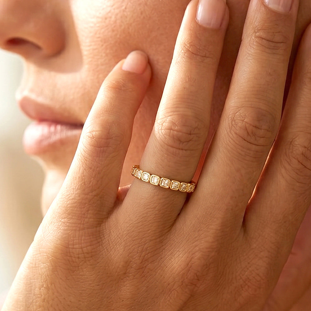 Emerald Cut Birthstone Eternity Ring - April Diamond / 5