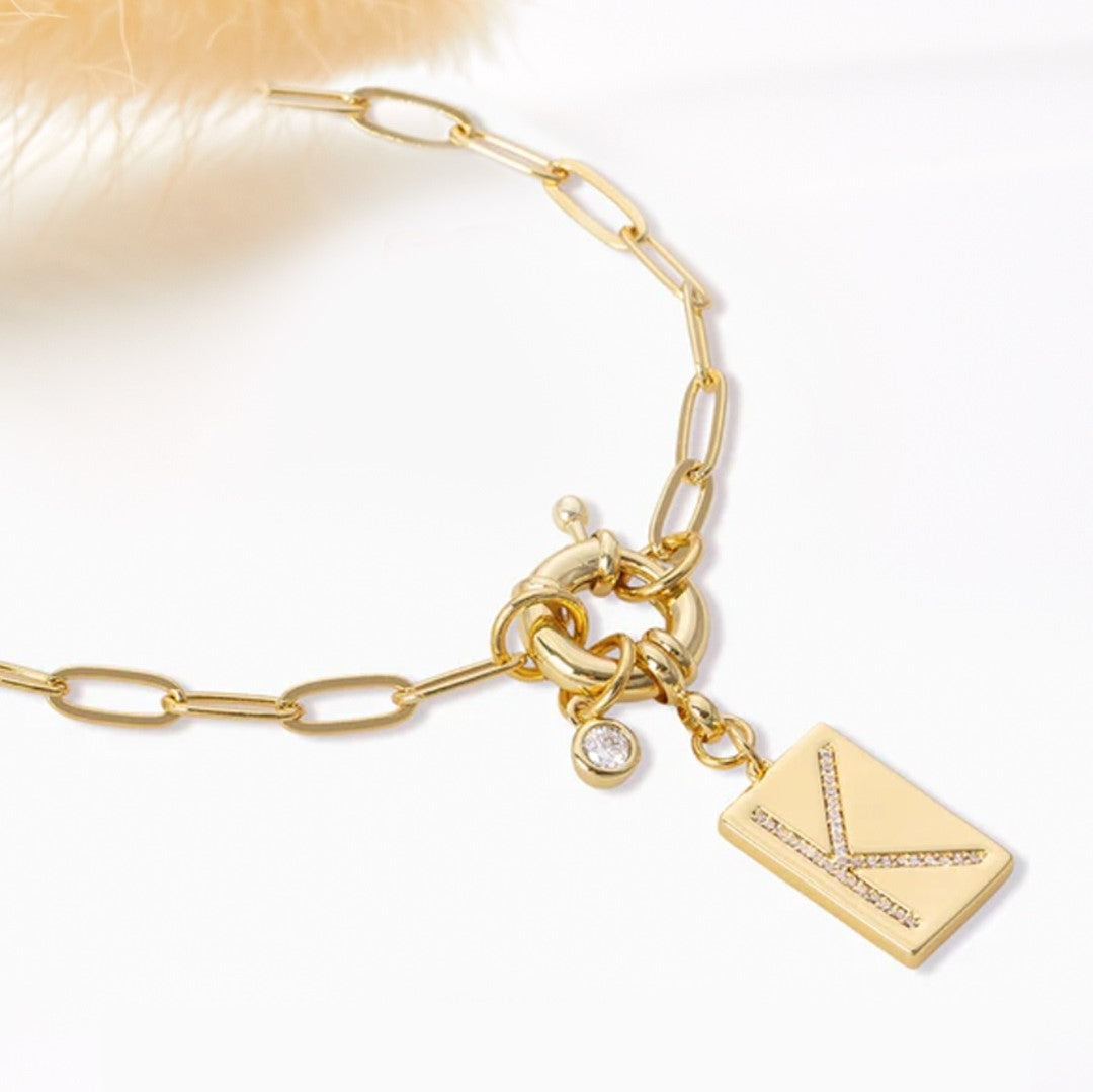 Pave Initial Pendant Necklace with Paperclip Chain Mint & Lily